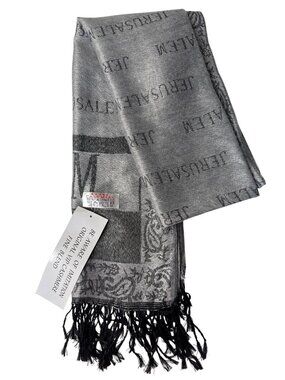 Jerusalem Cashmere Scarf With Fringe 100% Cashmere Gray & Black Lightweight Wrap